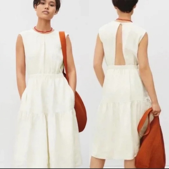 Everlane Tiered Linen Sleeveless Midi Dress Open Back Fit and Flare Ivory New 0 - Picture 1 of 7